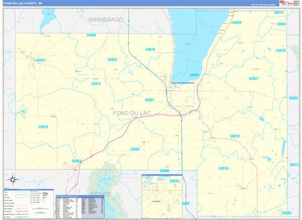 Fond du Lac County, WI Zip Code Wall Map